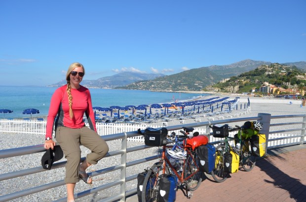 Anna in between shaking her head at the beach