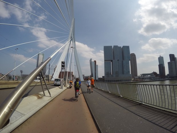 Bridge in downtown Rotterdam. Tram lines in the middle, then cars, then bikes, then walkers! Amazing.