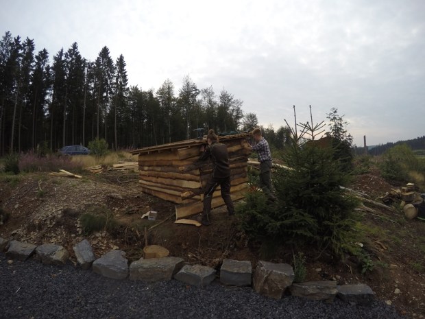 Interns building a wood shed